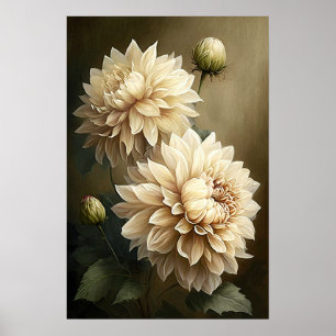 White Dahlias Flower Art Print Poster