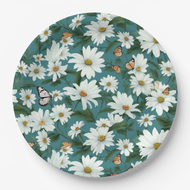 White Daisies and Butterflies Paper Plate (Front)