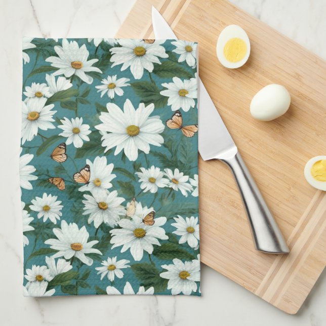 White Daisies and Butterflies Tea Towel (Quarter Fold)