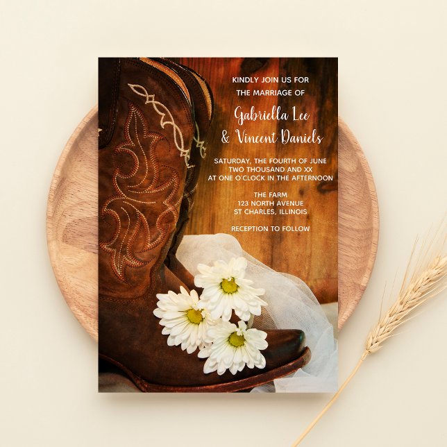 White Daisies and Cowboy Boots Western Wedding Invitation (Creator Uploaded)
