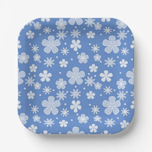 White Daisies and Dots On Blue Paper Plate