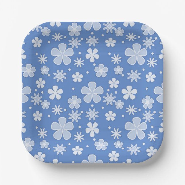White Daisies and Dots On Blue Paper Plate (Front)
