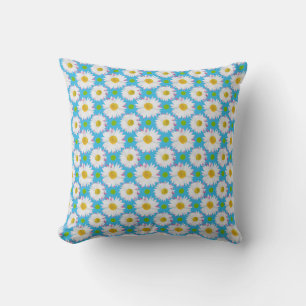 White Daisies and Green Polka Dots on Sky Blue Cushion