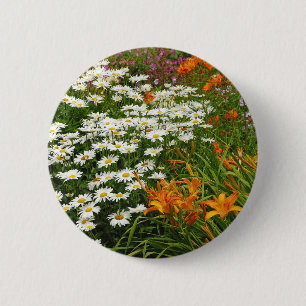 White daisies and orange lilies 6 cm round badge