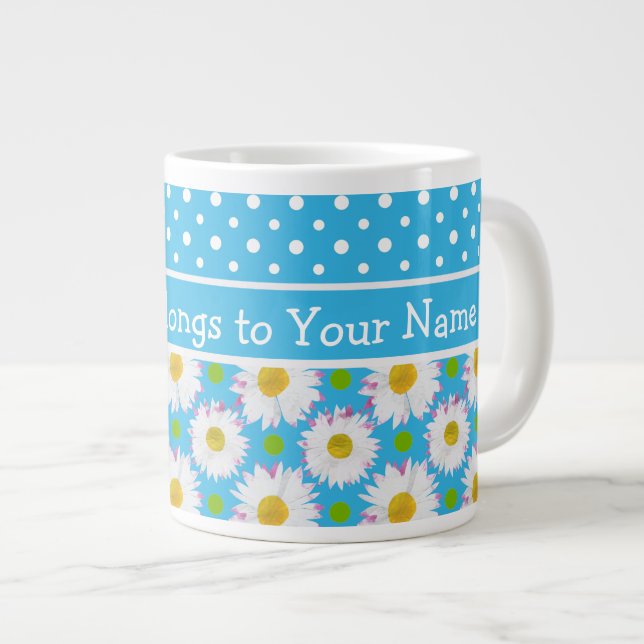 White Daisies and Polka Dots on Sky Blue Large Coffee Mug (Front Right)