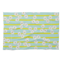 White Daisies and Yellow Stripes on Teal Green