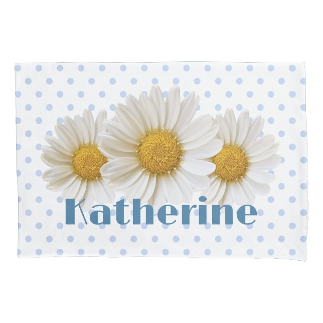 White Daisies Blue Polka Dots and Name Pillowcase (Front)