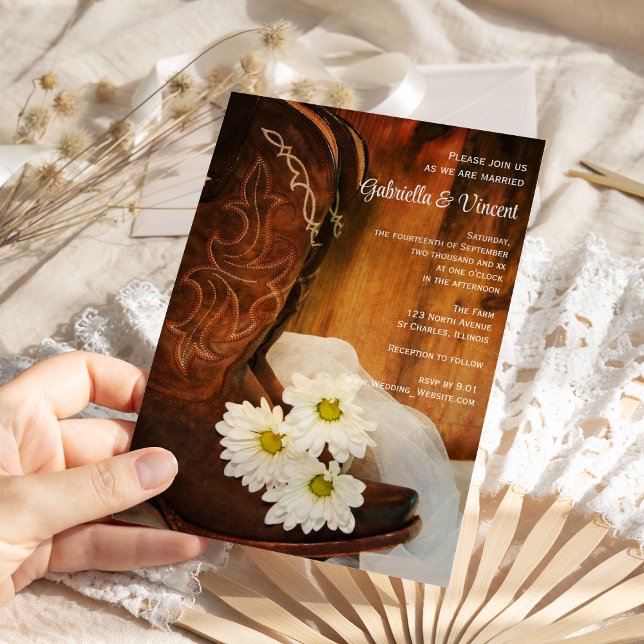 White Daisies Cowboy Boots Country Western Wedding Invitation (Creator Uploaded)