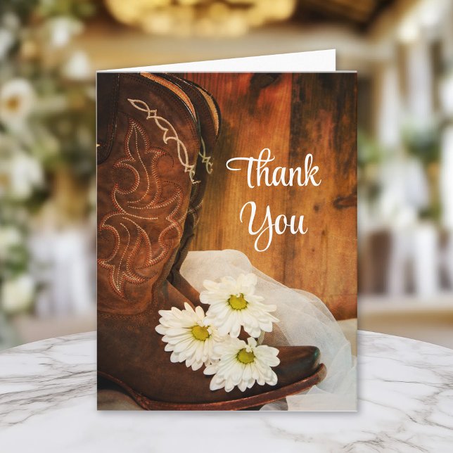 White Daisies Cowboy Boots Western Thank You Card (Creator Uploaded)