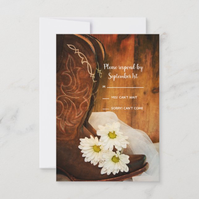 White Daisies Cowboy Boots Western Wedding RSVP Card (Front)
