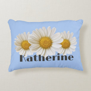 White Daisies Custom Name Blue Decorative Cushion