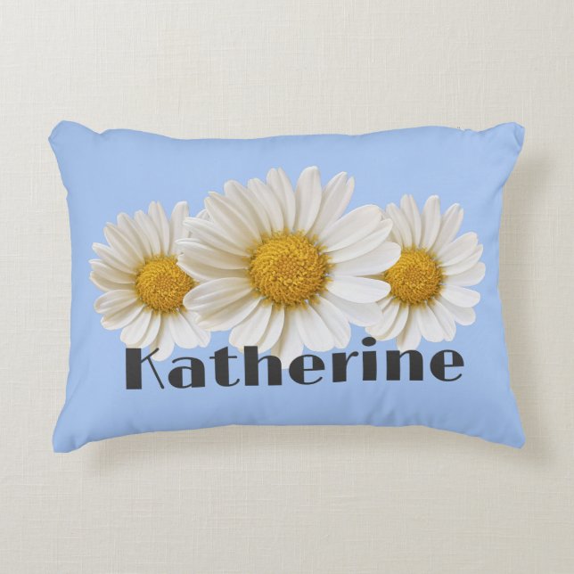 White Daisies Custom Name Blue Decorative Cushion (Front)