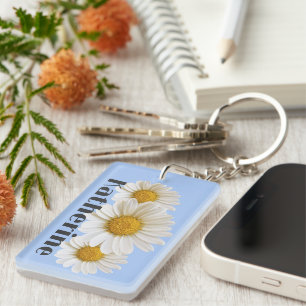 White Daisies Custom Name Blue Key Ring