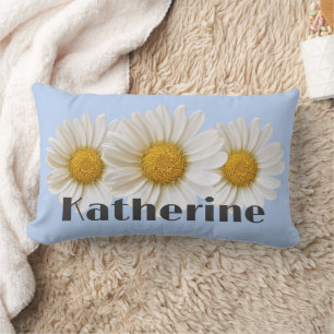 White Daisies Custom Name Light Blue Lumbar Cushion