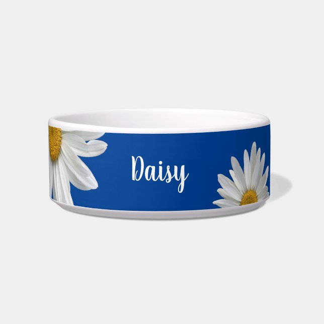White Daisies Cute Floral Blue Pet Bowl (Front)