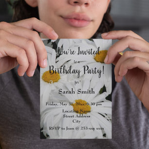 White Daisies Floral Birthday Party Invitation