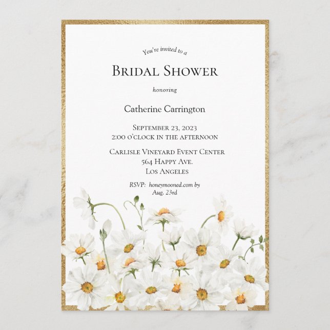 White Daisies Floral Watercolor Gold Bridal Shower Invitation (Front)