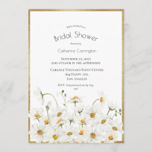 White Daisies Gold Floral Watercolor Bridal Shower Invitation