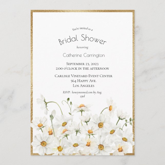 White Daisies Gold Floral Watercolor Bridal Shower Invitation (Front)