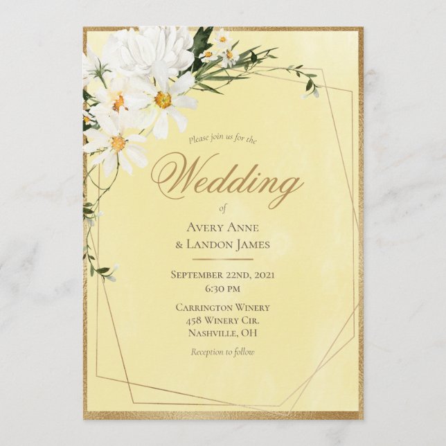 White Daisies Gold Frame Yellow Wedding Invitation (Front)