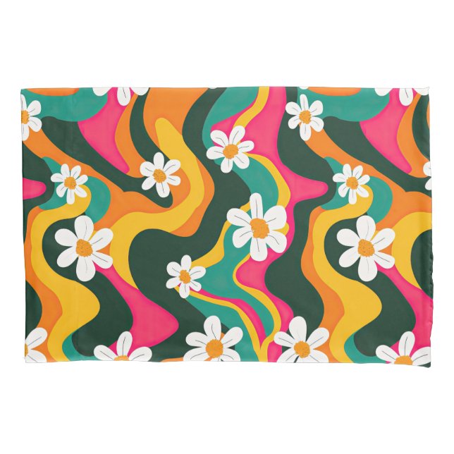 White Daisies Hippie Floral Pattern Colourful Retr Pillowcase (Front)