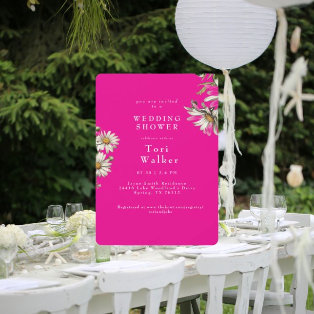 White Daisies Hot Pink Rounded Wedding Shower Invitation (Creator Uploaded)