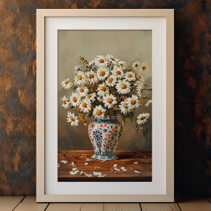 White Daisies In An Oriental Vase Gouache Painted Poster