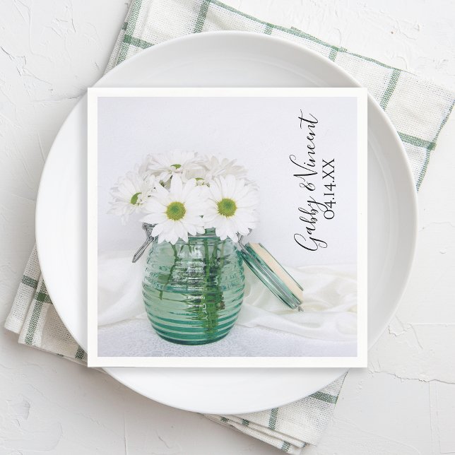 White Daisies in Blue Jar Vase Wedding Napkin (Creator Uploaded)