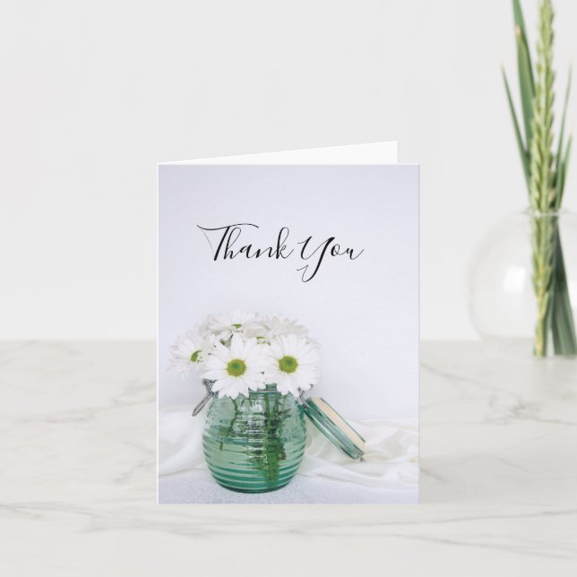 White Daisies in Blue Jar Vase Wedding Thank You Card (Front)