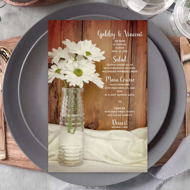 White Daisies in Milk Bottle Barn Wedding Menu (Creator Uploaded)