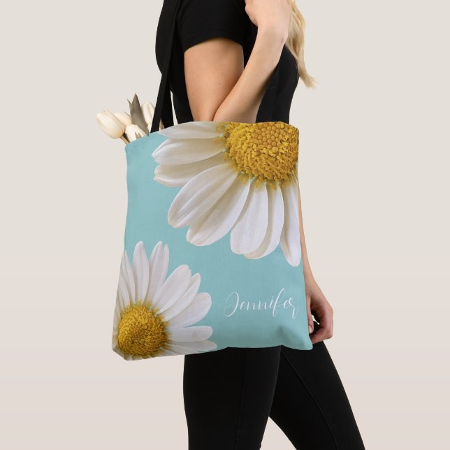 White Daisies Light Teal Personalised Tote Bag (Close Up)