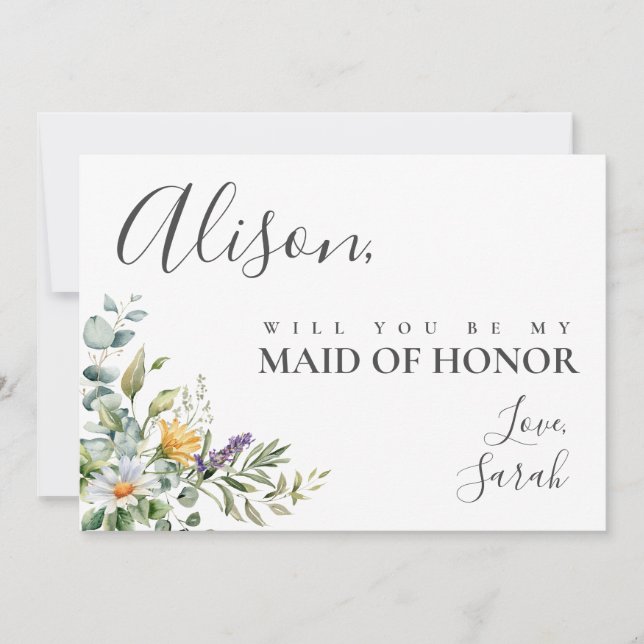 White Daisies Maid of Honour Proposal Card (Front)