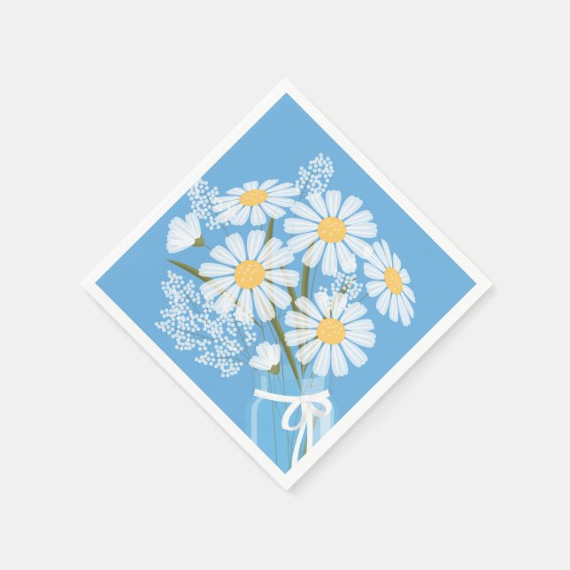 White Daisies Mason Jar Bouquet Blue Corner Napkin (Corner)