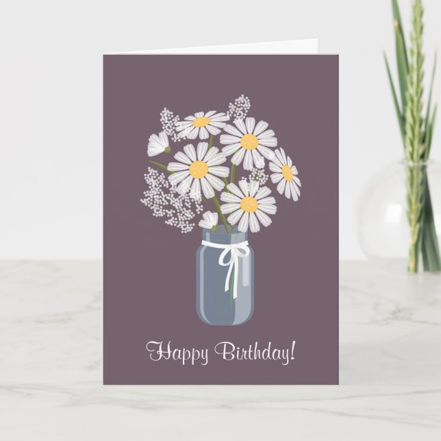 White Daisies Mason Jar Bouquet Happy Birthday Card (Front)