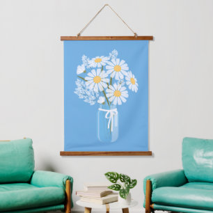 White Daisies Mason Jar on Blue Hanging Tapestry