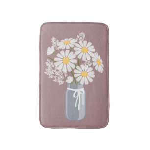 White Daisies Mason Jar on Dark Pink Bath Mat