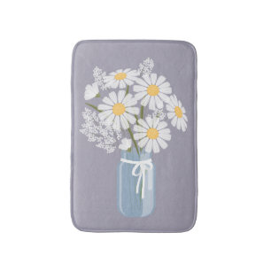 White Daisies Mason Jar on Lavender Bath Mat