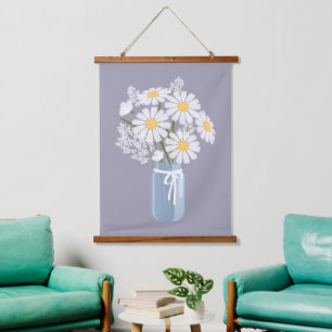 White Daisies Mason Jar on Lavender Hanging Tapestry