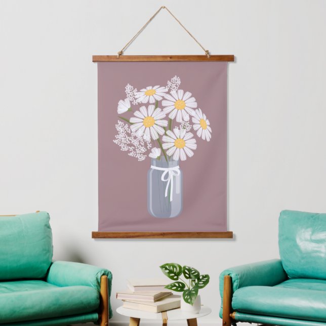 White Daisies Mason Jar on Rosy Brown Hanging Tapestry (Living Room)
