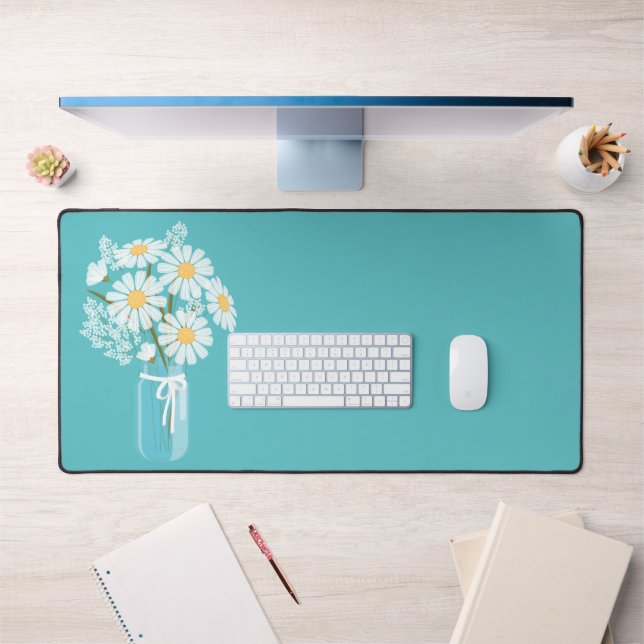 White Daisies Mason Jar on Teal Desk Mat (Office 1)