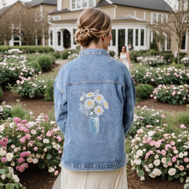 White Daisies Mason Jar Wedding Denim Jacket (Wedding Back)