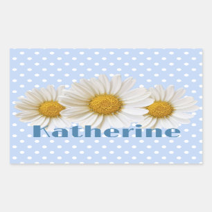 White Daisies Name Polka Dots Blue Rectangular Sticker