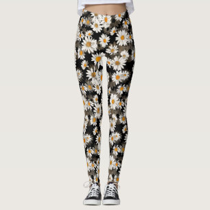 White Daisies on Black Floral Pattern Leggings