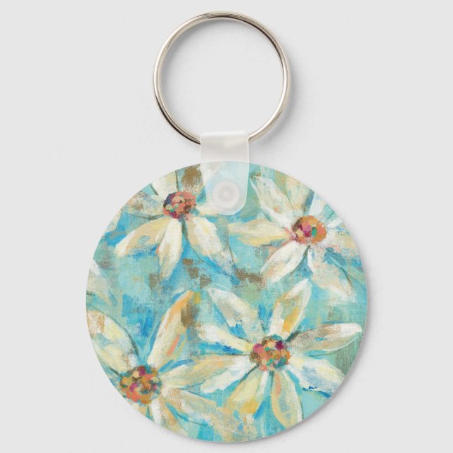 White Daisies on Blue Key Ring (Front)