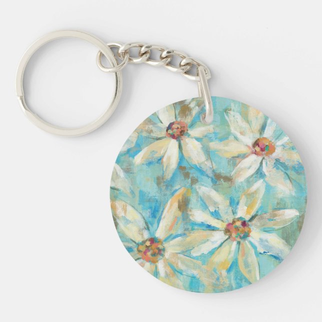 White Daisies on Blue Key Ring (Front)
