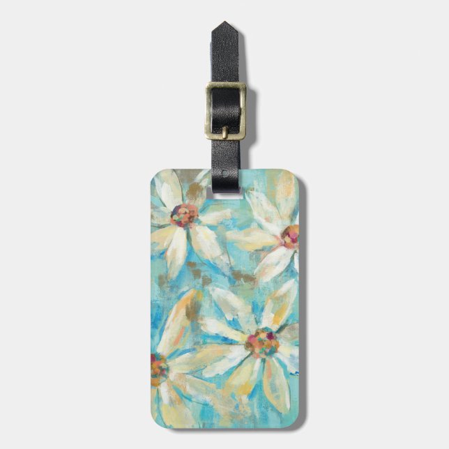 White Daisies on Blue Luggage Tag (Front Vertical)