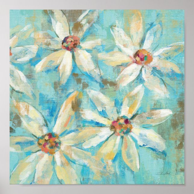 White Daisies on Blue Poster (Front)