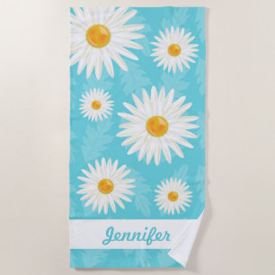 White Daisies On Blue With Custom Name Beach Towel