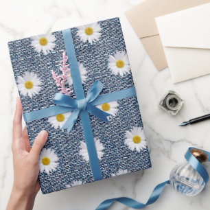 White Daisies on Denim  Wrapping Paper