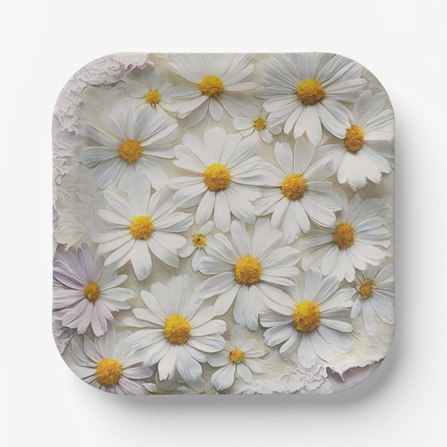 White Daisies On Distressed Paper Paper Plate (Front)